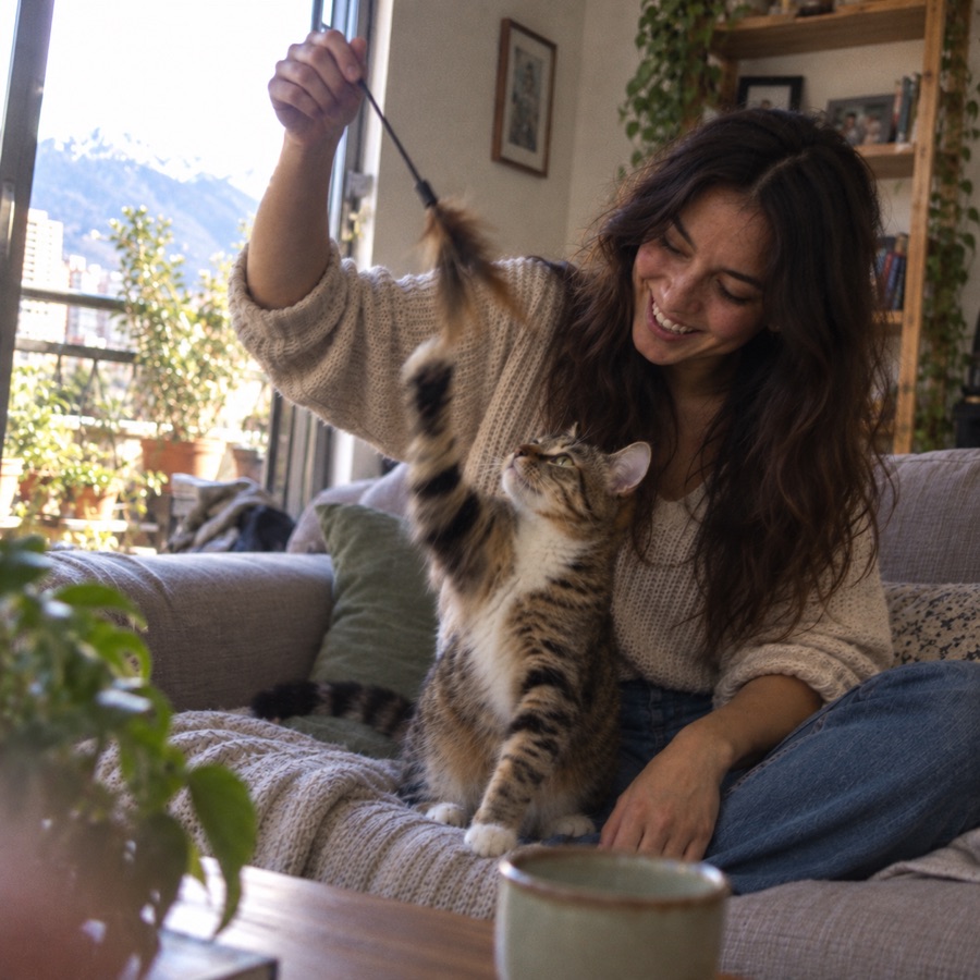 Mujer jugando en casa con su gato atigrado