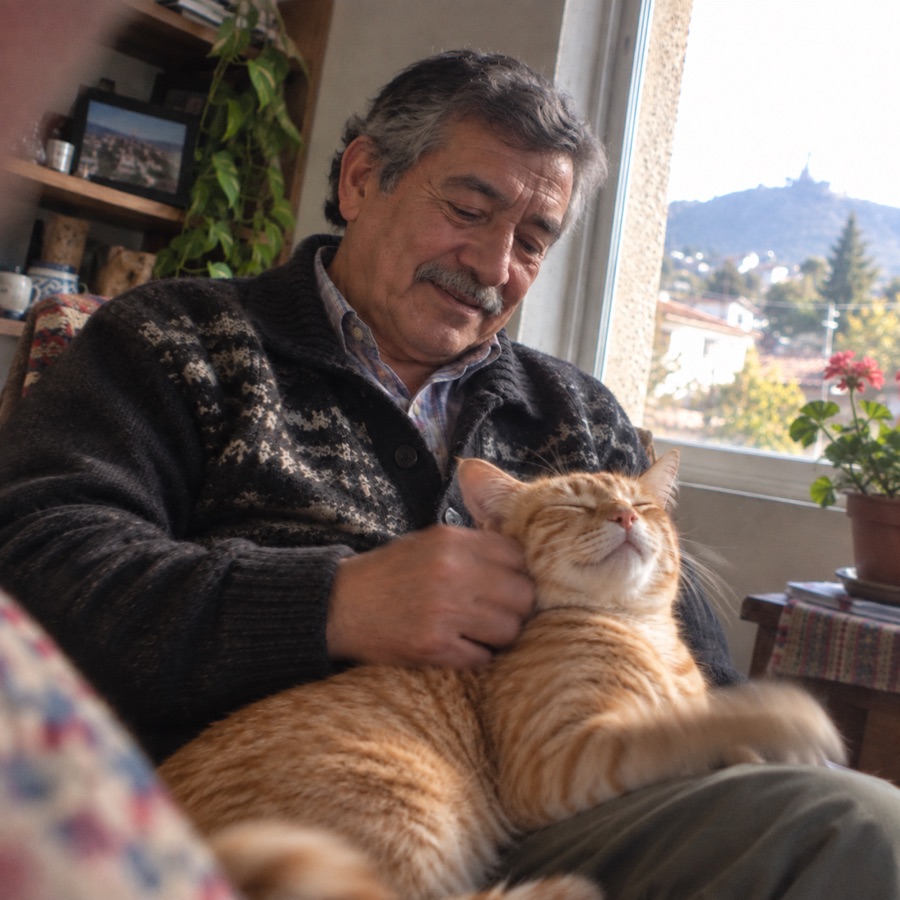 Hombre acariciando a su gato naranjo junto a una ventana